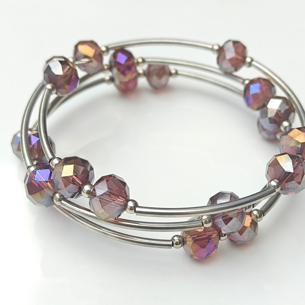 Purple Iridescent Glass Bead Triple Layer Wire Wrap Bracelet Aurora Borealis